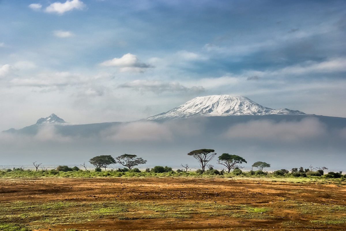 Snow-capped Kibo and Mawenzi peaks of Kilimanjaro rising above clouds with acacia trees on the plains below