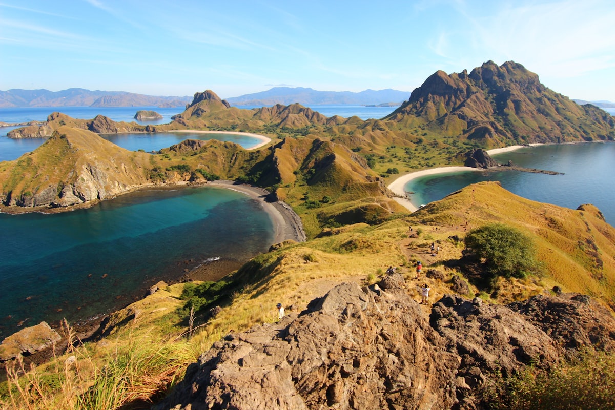 Aerial view of Padar Island with turquoise bays and green hills in Komodo National Park, Indonesia