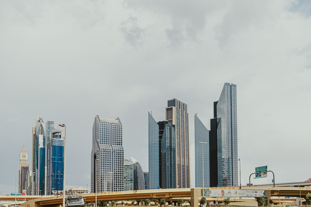 Modern Middle Eastern cityscape with glass skyscrapers and contemporary architecture