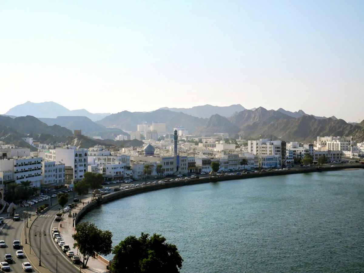 Whitewashed buildings of Muscat curving along a blue bay with bare rocky mountains rising behind the city