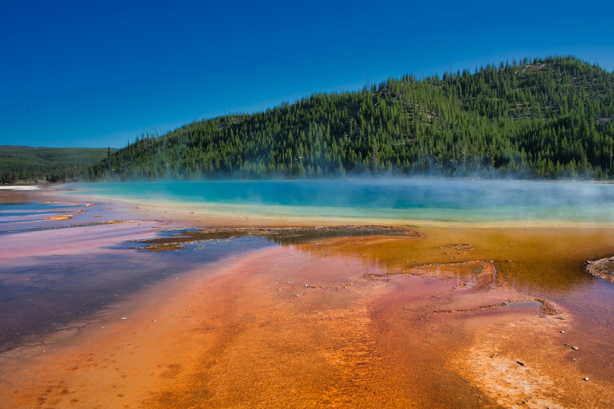 The rainbow-colored Grand Prismatic Spring in Yellowstone National Park, USA