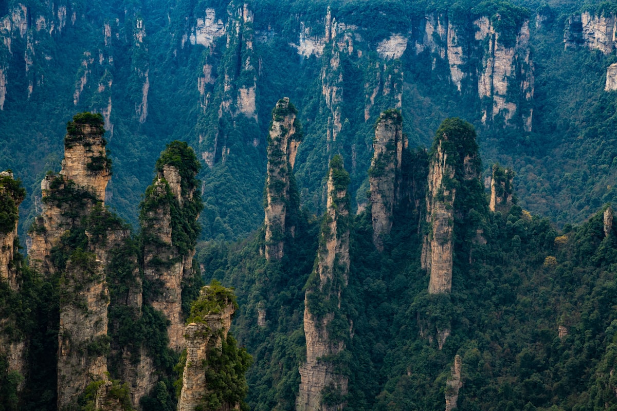 Towering sandstone pillars of Zhangjiajie National Forest Park in Hunan province, China